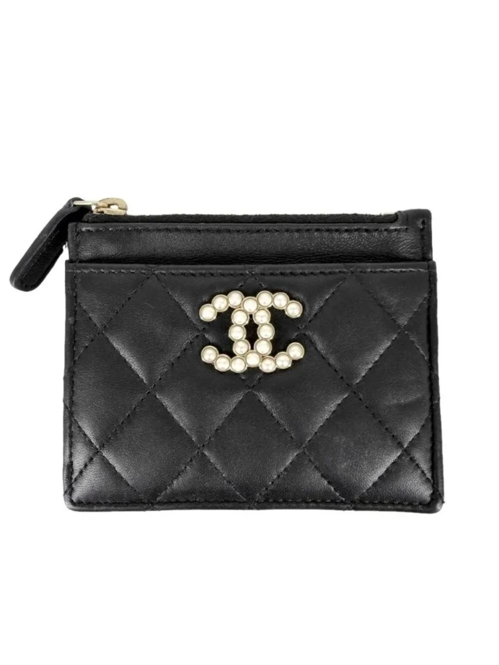 Chanel Coin Purse Quilted CC Logo Card Slot Polka Dot Lambskin Faux Pearl Black